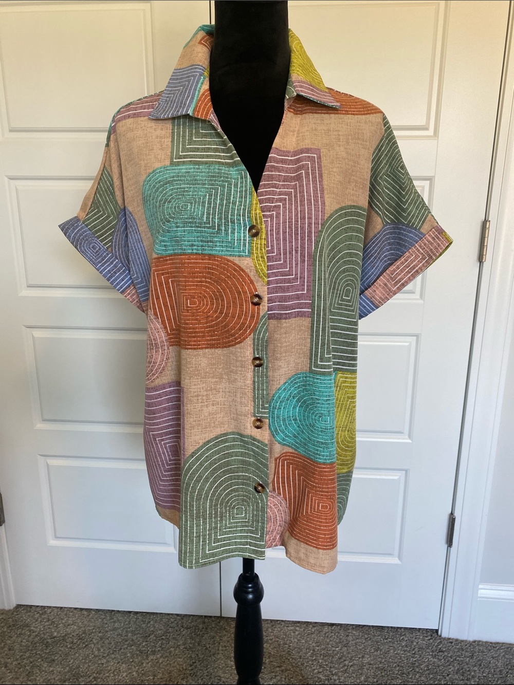 SHEIN Multicolor Geometric Short-Sleeve Button-Up Blouse